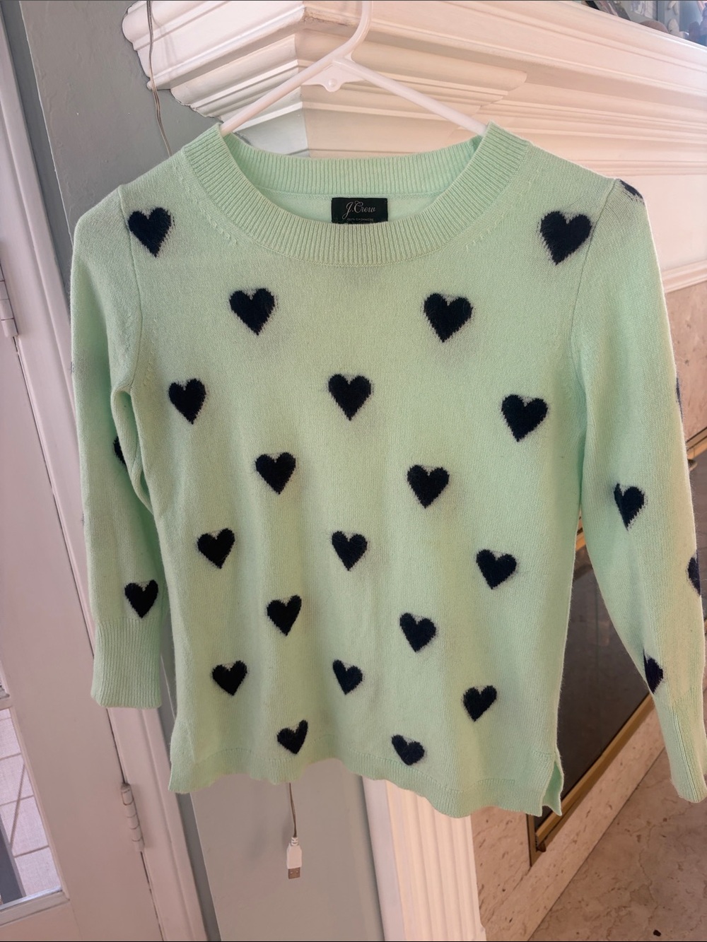 J. Crew Mint Green Cashmere Sweater with Navy Heart Motifs